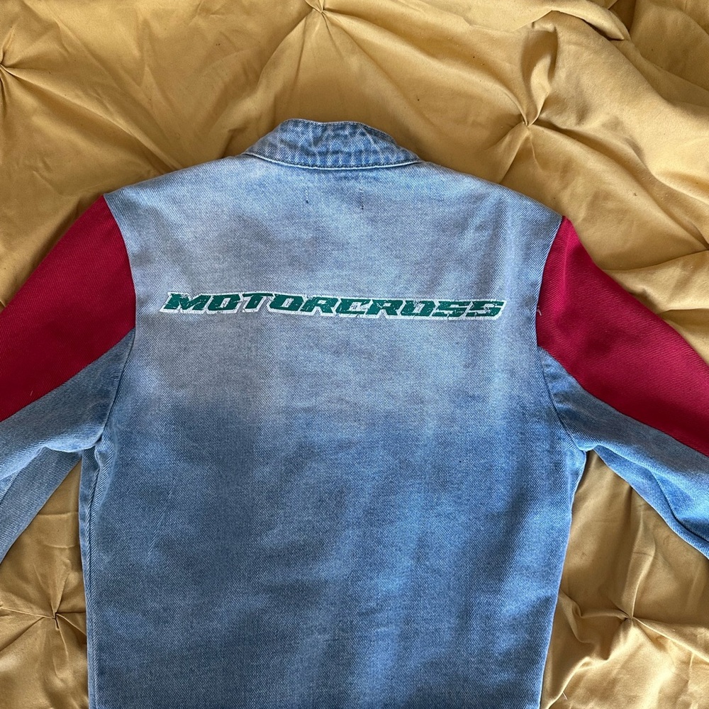 Prettylittlething Blue And Red Jean Jacket View 3